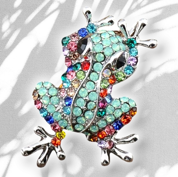 Silver plated multicolor crystal frog necklace/brooch with gold chain - Picture 15 of 16